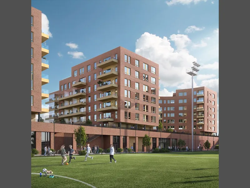 Prosjektet Rolvsrud Arena består av 300 leiligheter fordelt på fem leilighetsbygg, med næringsarealer og underliggende parkeringskjeller. Ill. Eve Images.