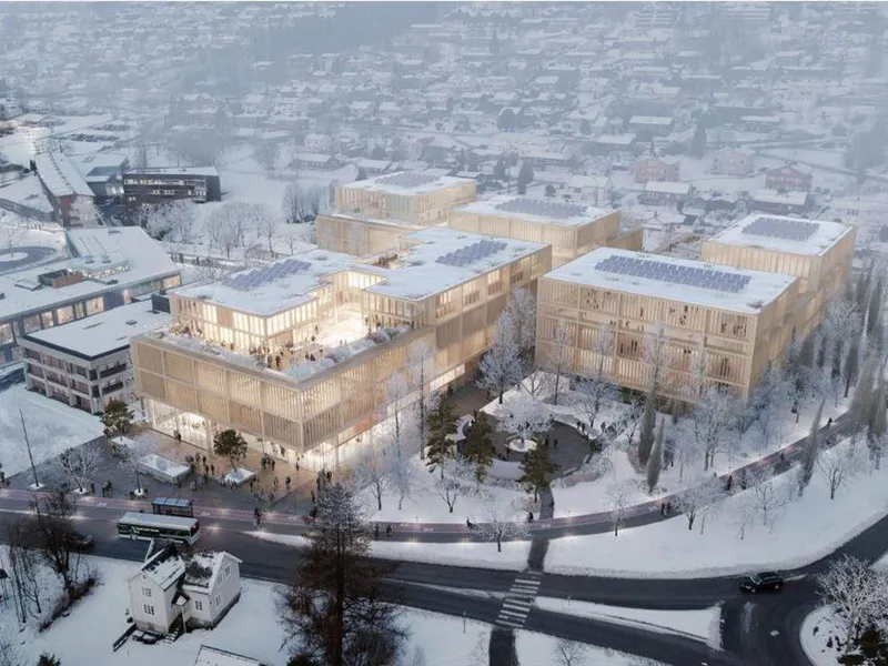 Aasenkvartalet fugleperspektiv frå sydaust Illustrasjon Ratio Arkitekter AS - Klikk for stort bilete