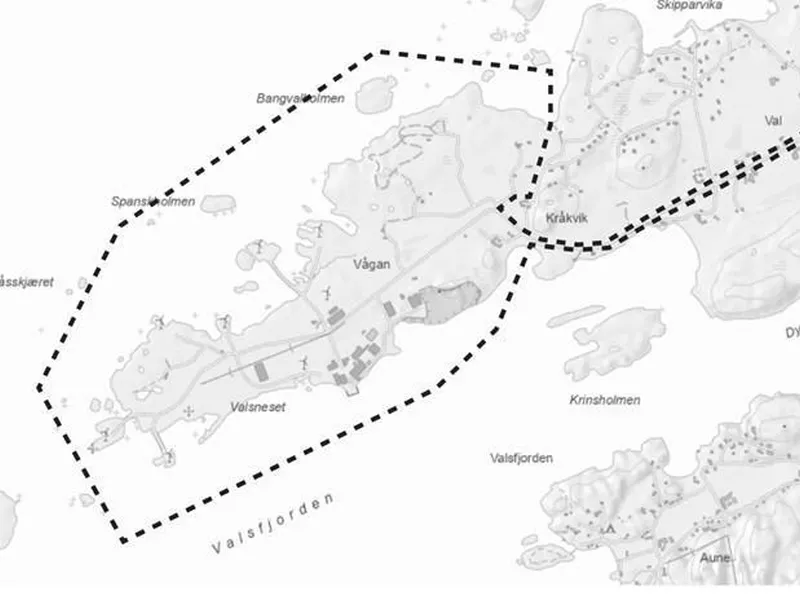 Kart over Valsneset. Prikkete linje som makerer området.  - Klikk for stort bilde