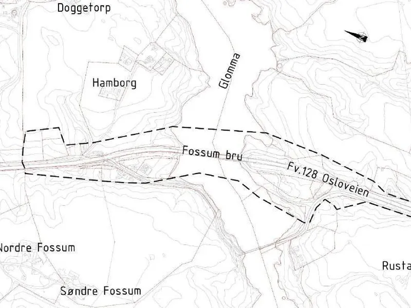 Kart over området rundt Fossum bru - Klikk for stort bilde