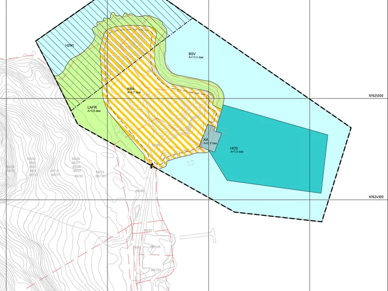 Arealplankart som viser foreslåtte utbyggingsområder i reguleringsplan for Kråkneset. Arealplankartet viser havneområder i sjø, kombinert bebyggelse og anlegg, og LNFR-areal.