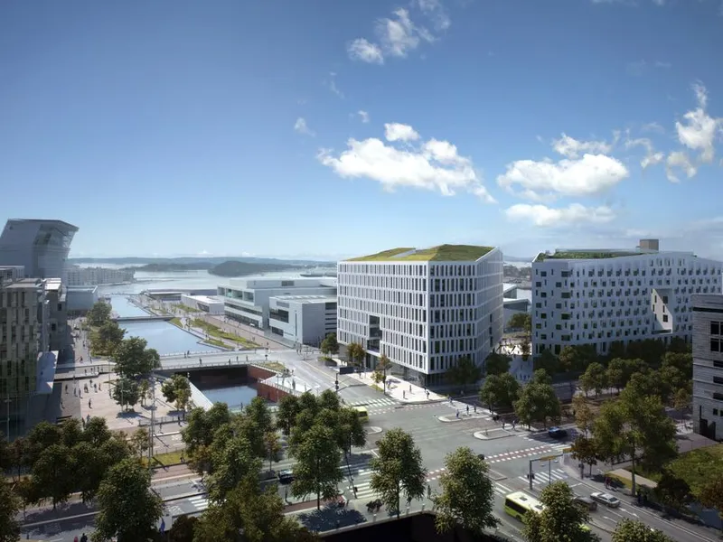 Diagonale-prosjektet består av et studentbygg og et kontorbygg. Olav Thon Gruppen og HAV Eiendom AS eier 50 % hver. Foto: HAV Eiendom