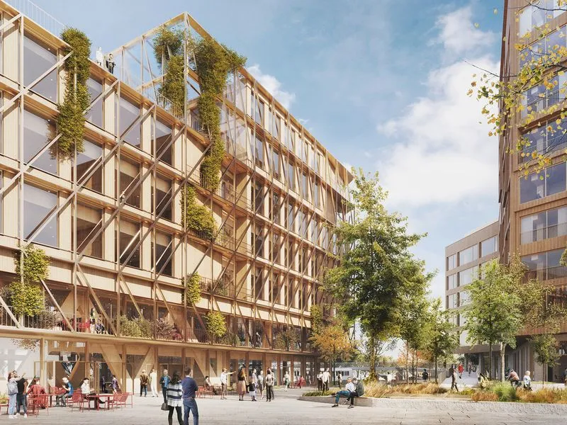 Slik ser arkitektene for seg at byggene til den nye videregående skolen kan se ut. Illustrasjon: Henning Larsen