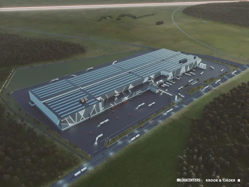 Logistikksenteret DLS Bålsta har et areal på drøyt 100 000 kvm. Bygningen er 575 meter lang og 180 meter dyp. Den er planlagt ferdigstilt våren 2022. Bildet: Krook & Tjäder