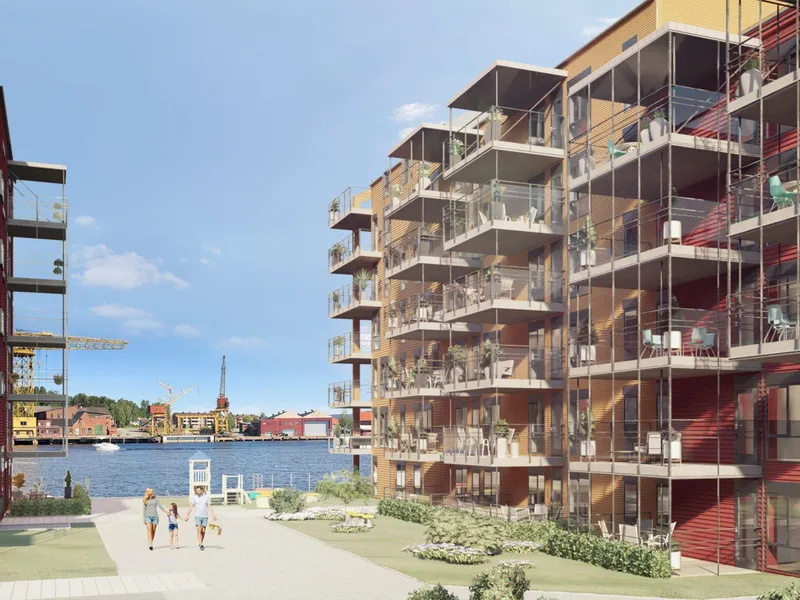 Illustrasjon av boligbygg, brygge etc