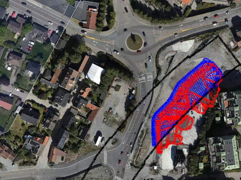 Illustrasjonen viser plasseringen av motfyllingen som fra mandag skal etableres i området Kransen nord. Den sorte linjen viser hvor jernbanekulverten skal ligge. Foto/ill: Bane NOR
