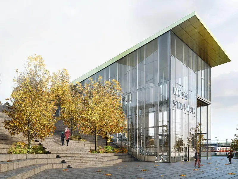 Arbeidsfellesskapet Acciona Construcción og Implenia Norge skal bygge ny jernbanestasjon i Moss og underbygning for 10 km med nytt dobbeltspor (Illustrasjon: Bane NOR).