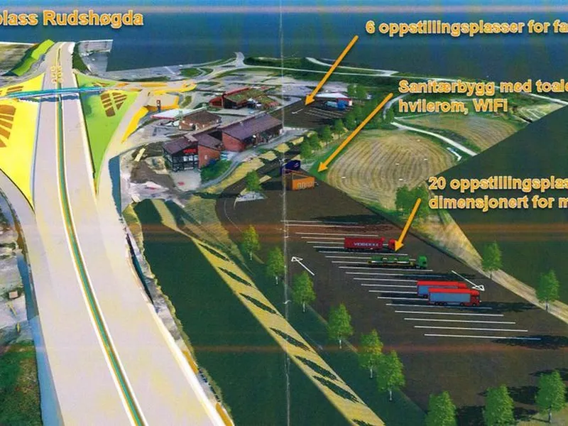 Den nye døgnhvileplassen på Rudshøga skal gi plass til minst 20 vogntog. (Foreløpig ideskisse).