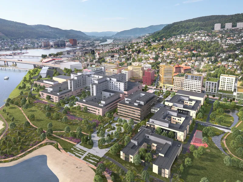 Illustrasjon av høye hus sett fra sjøen