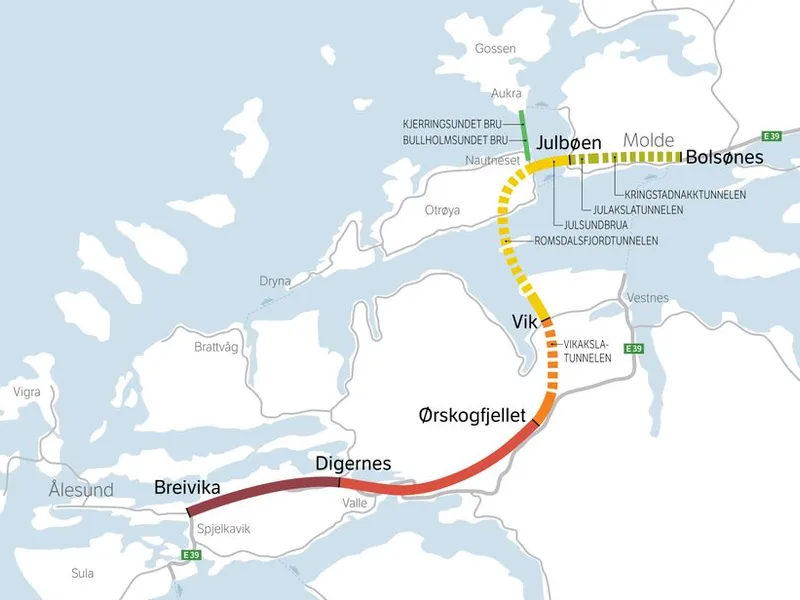 E39 Ålesund-Molde inneholder flere tunneler, bruer og vegstrekninger. I første omgang skal strekningen fra Ørskogfjellet mot Molde ut på anbud.