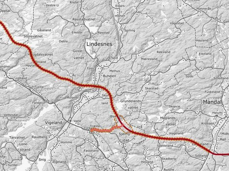 Illustrasjonen viser hvilken strekning som nå skal undersøkes. Linja strekker seg over kommunene Mandal, Lindesnes og Lyngdal.