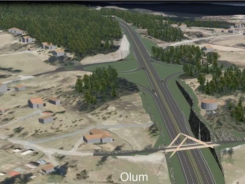 Entreprenøren som tildeles oppdraget med å prosjektere og bygge ny E16 Åsbygda-Olum skal bl.a. bygge nytt kryss ved Olum. Ill. Statens vegvesen