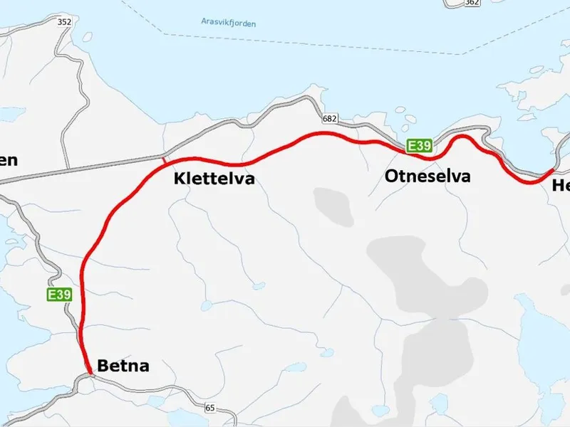 Bertelsen & Garpestad skal bygge ny E39 mellom Betna og Hestnes for Statens vegvesen.Kart: Statens vegvesen.