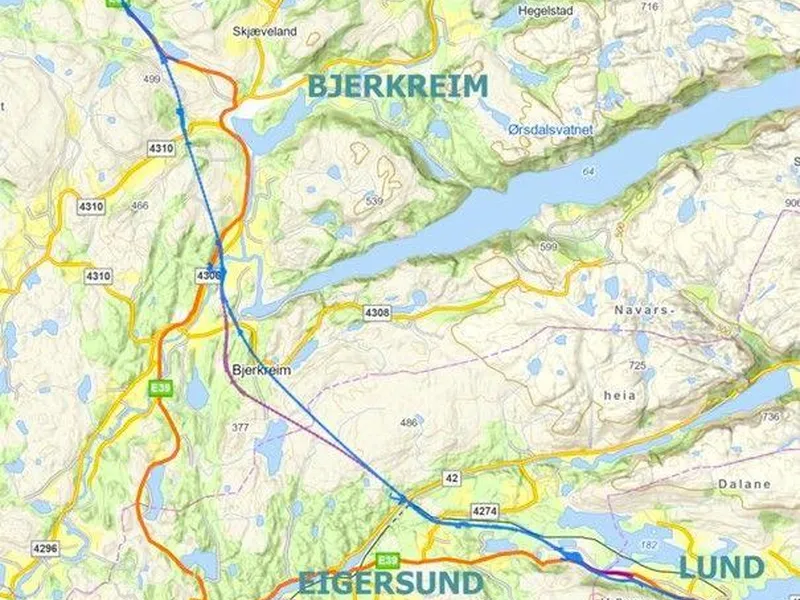 Kartet viser korridor Nye Veier foreslår utredes i planprogram for bygging av ny E39 mellom Bilstad og Bue i Rogaland.