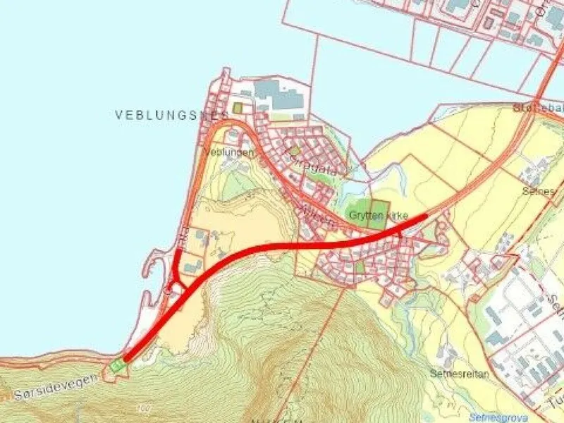 På Veblungsnes skal det bygges cirka en kilometer med ny vei i ny trase.. Kart: Nye Veier.