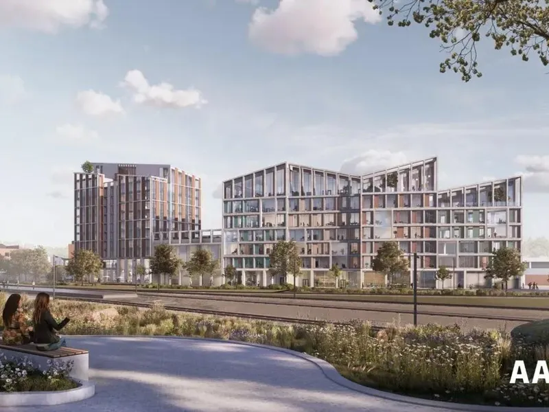 Det nye næringsbygget som kanskje skal romme både hotell og legevakt er planlagt mellom togsporene på Ski stasjon og Ski Storsenter. Ill: AART.