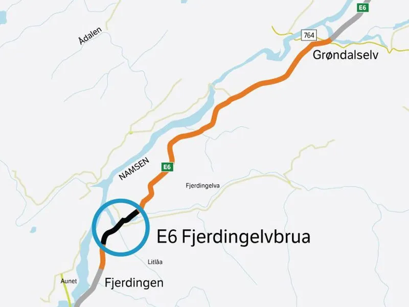 Kartet viser strekningen som skal bygges ut, fra Fjerdingen til Grøndalselv. Fjerdingselvbrua inngår som en egen kontrakt, og er under bygging. Ill. Statens vegvesen