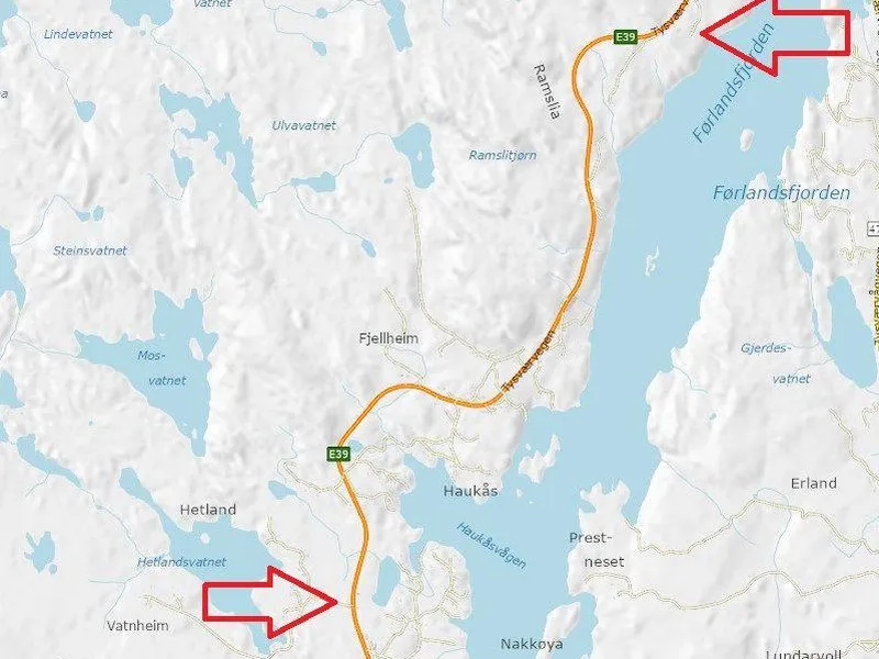 Med gang- og sykkelveg fra Hetland i sør til Apeland i nord, blir det eit samanhengande tilbod for mjuke trafikantar frå Gismarvik i sør til kommunesenteret Aksdal i nord. Kart: Statens vegvesen
