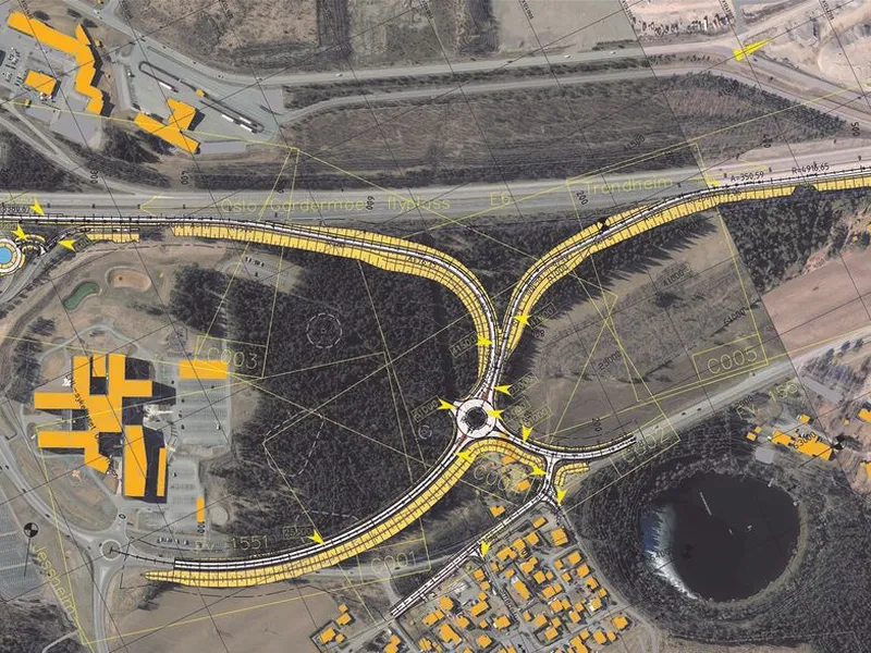 Illustrasjon av første byggetrinn av nytt kryss ved Gardermoen Næringspark. (Illustrasjon: Statens vegvesen)