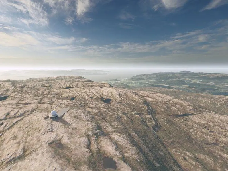 3D-skisse av radaranlegg på fjell med horisont i bakgrunnen