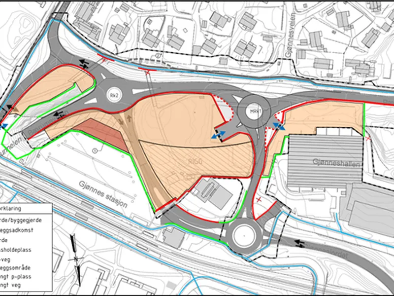 Bildet viser hvor veien blir sperret av og hvilke parkeringsplasser som vil forsvinne i forbindelse med etableringen av byggegrop hvor betongtunell vil gå rett under sperret område.