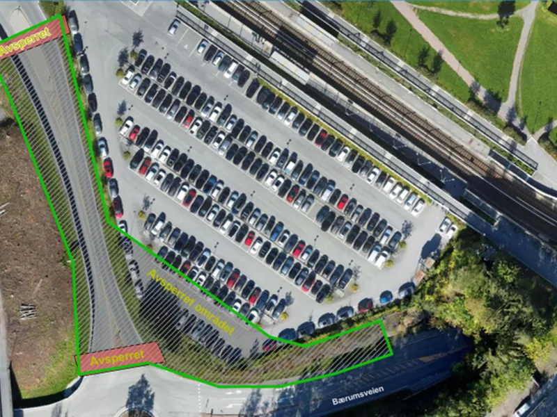 Oversikt over parkeringsplassene og hvor anleggsområdet skal etableres.