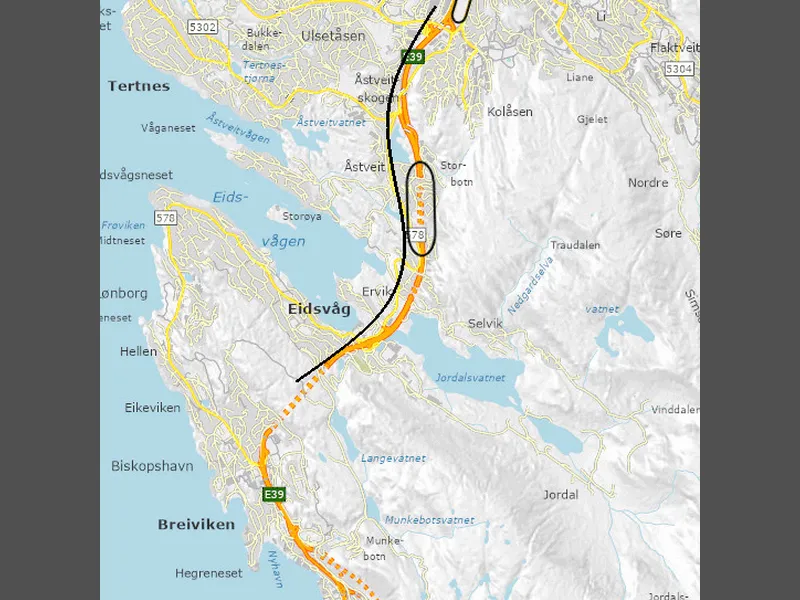 Kart som viser strekning for trafikkstyring.