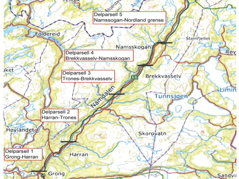 Kart som viser utbedringsprosjektet E6 Grong-Nordland grense med delstrekninger. 