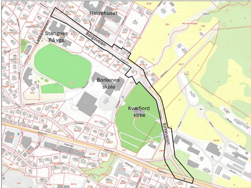 Kart over detaljregulering for fortau langs Kirkeveien og deler av Bergsveien, Borkenes