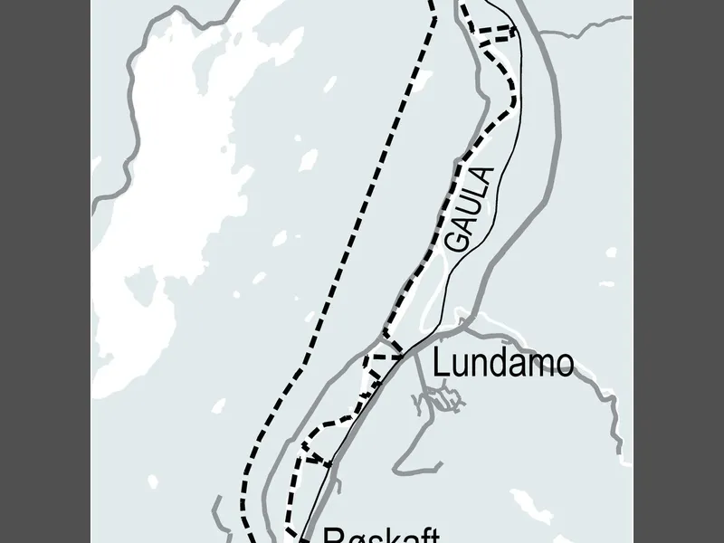 Det planlegges for ca. 17 km firefelts motorvei fra Gyllan til Kvål i Trøndelag. Kartet viser planavgrensningen.