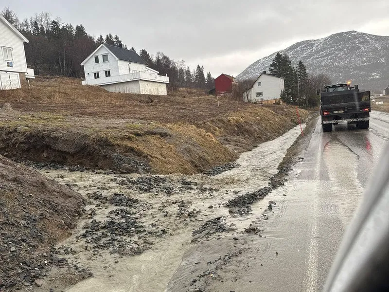 Bildet viser hvordan vannet fra bekken har bygd opp en rygg av løsmasser der den møter dagens E10 ved Hårvik i Tjeldsund. Bilteteksten sier, Vann og løsmasser: Dagens E10 kan få skader dersom bekken ved Hårvik i Tjeldsund ikke blir lagt i rør under vegen.