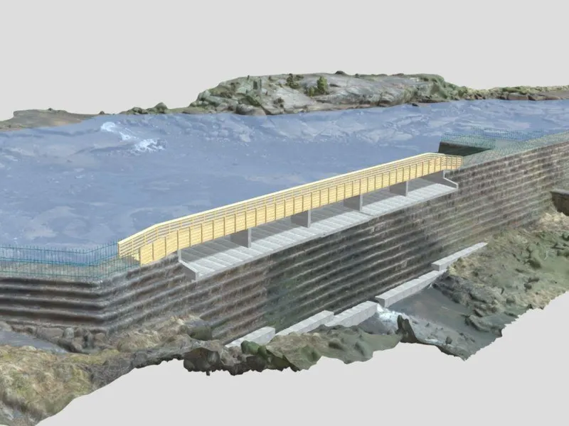 3D- utsnitt som viser dammen Vasshella etter rehabilitering, men ny gangbru og rekkverk.