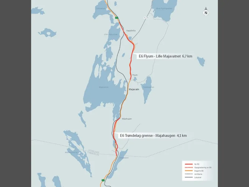 Indrefileten: Ny veglinje går stort sett i lett terreng utenfor eksisterende E6. Det gjør rask og effektiv utbygging mulig. Illustrasjon: Statens vegvesen.