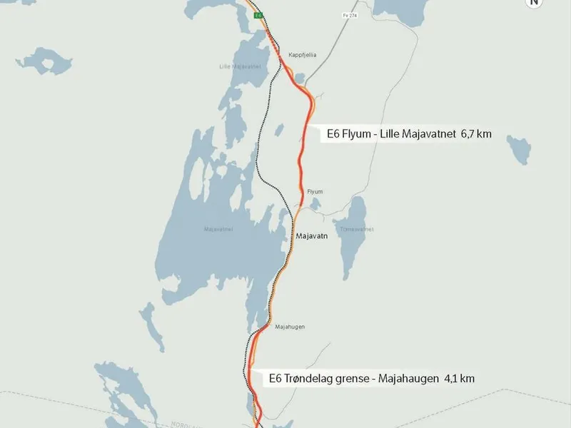 Prosjektet E6 Trøndelag grense-Lille Majavatn er delt i to parseller. Det skal blant annet bygges 9,6 kilometer, ny E6 med fartsgrense 90 km/t og klargjøres for 90 km/t på strekningen Kappfjellia-Lille Majavatn. Illustrasjon: Statens vegvesen.