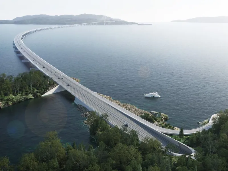 En 5,5 kilometer lang flytebro skal krysse Bjørnafjorden mellom Reksteren på Tysnes og Røtinga i Bjørnafjorden kommune.Illustrasjon: AMC Dissing og Weitling.