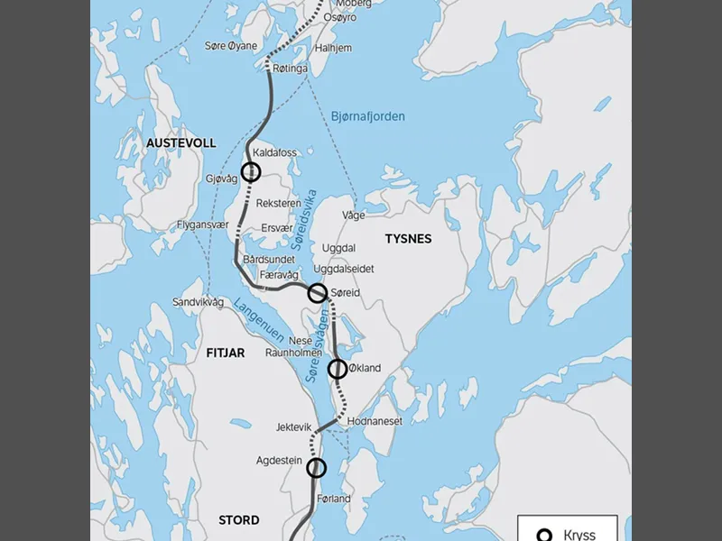 E39 Stord – Os, Ådland – Svegatjørn (Hordfast) blir 55 kilometer lang. Illustrasjon: Statens vegvesen