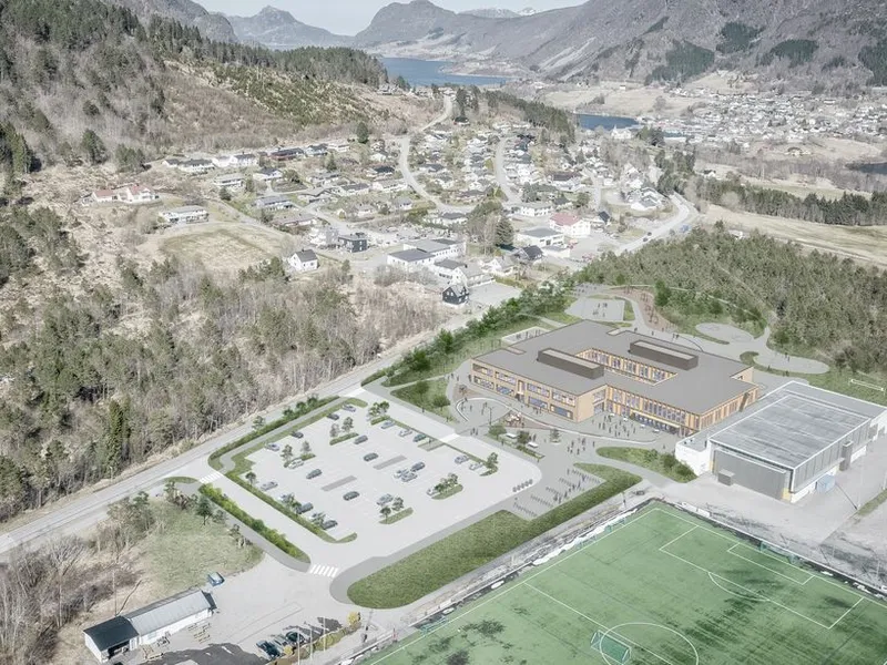 Nye Eidet skule skal erstatte tre eksisterende skoler: Vatne ungdomsskule, Vatne barneskule og Tennfjord skule. Illustrasjon: Slyngstad Aamlid Arkitekter
