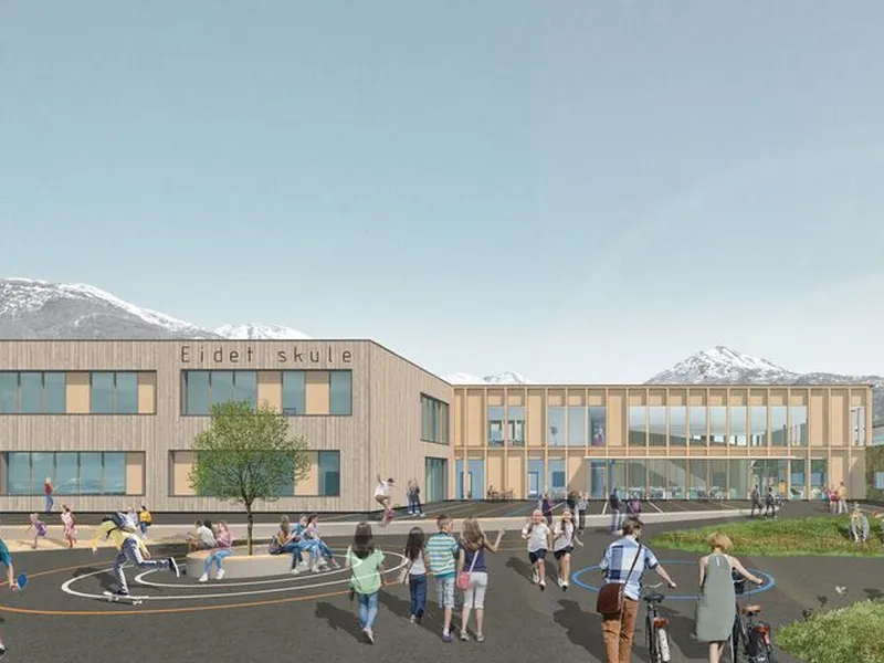 Eidet skule blir en barne- og ungdomsskole med plass til ca. 500 elever. Illustrasjon: Slyngstad Aamlid Arkitekter