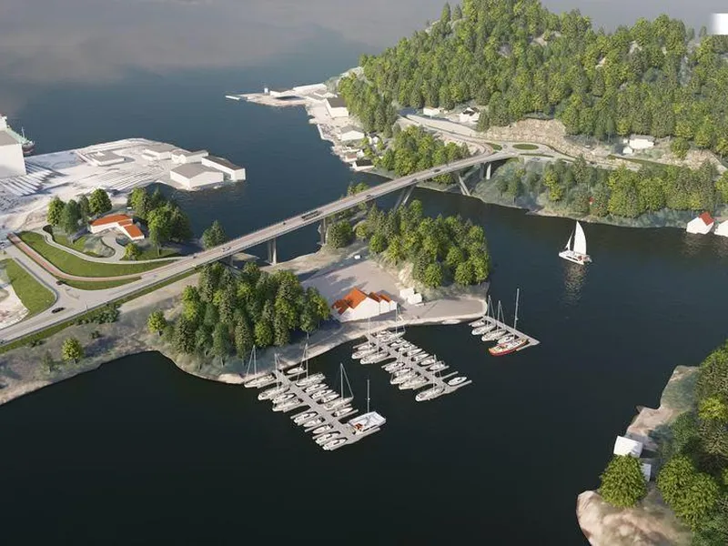 Illustrasjonen viser nye Eigerøy bru med to kjørefelt over sundet mellom Eigerøy og fastlandet i Eigersund kommune