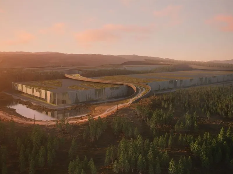 Illustrasjonen viser hvordan fabrikken og industriområdet integreres med landskapet.