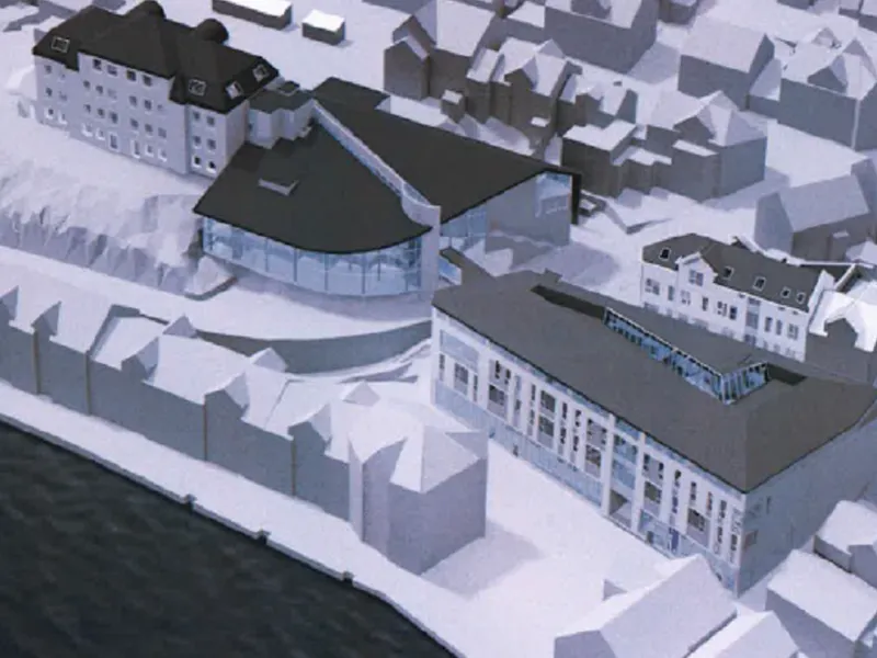 Illustrasjon av Eilert Sundt VGS - Farsund ved havnen. 