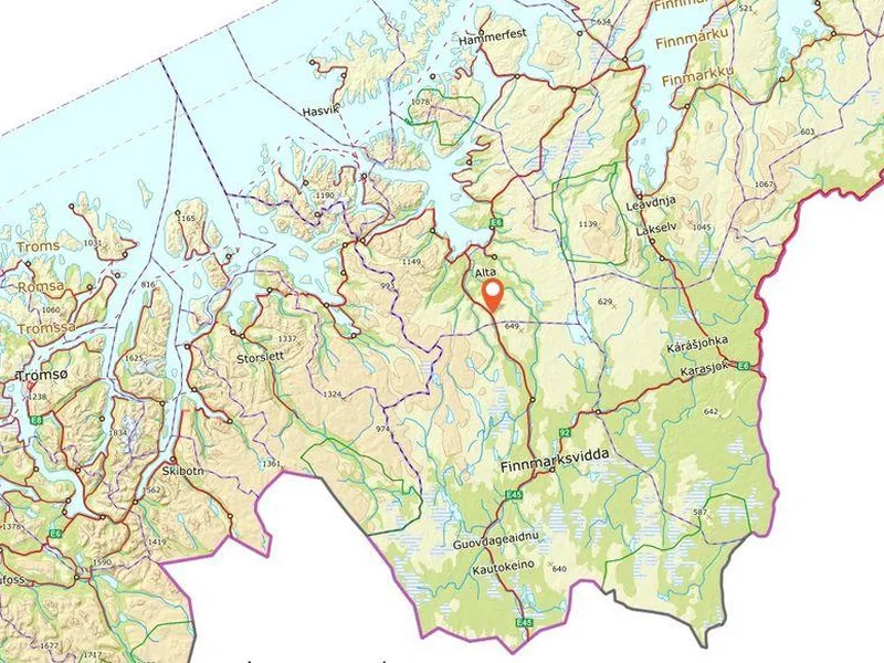 Kløfta : Markert i kartet sør for Alta. E45 fra Alta og sørover mot Kautokeino og Finland er en svært viktig ferdselsåre både for person og godstrafikk i Finnmark.