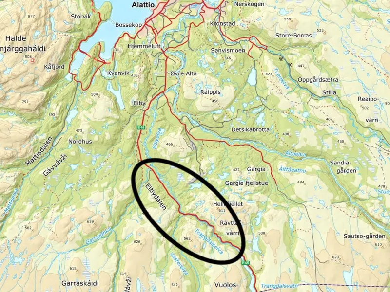 Oversiktskart med innringet prosjektområde cirka 20 mil sør for Alta. Ill. Statens vegvesen.