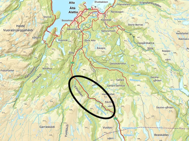 Kløfta: Markert i kartet sør for Alta. E45 fra Alta og sørover mot Kautokeino og Finland er en svært viktig ferdselsåre både for person og godstrafikk i Finnmark.