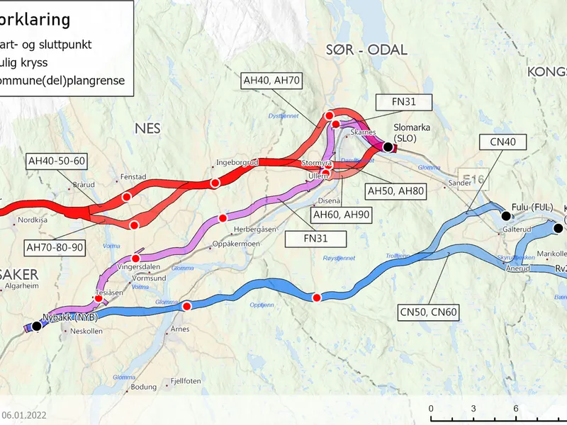 Illustrasjonen viser de tre planalternativene med ulike varianter som skal legges ut til offentlig ettersyn og høring. Nye Veiers anbefaling er blå linje CN40. Illustrasjon: Nye Veier