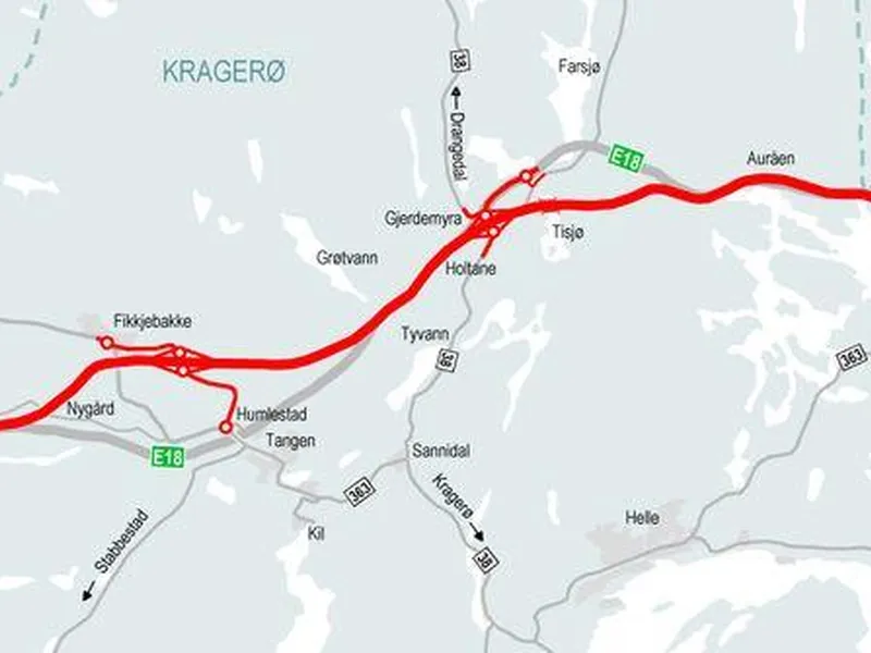 Kartillustrasjon viser reguleringsplanforslaget for ny E18 Kragerø - Bamble