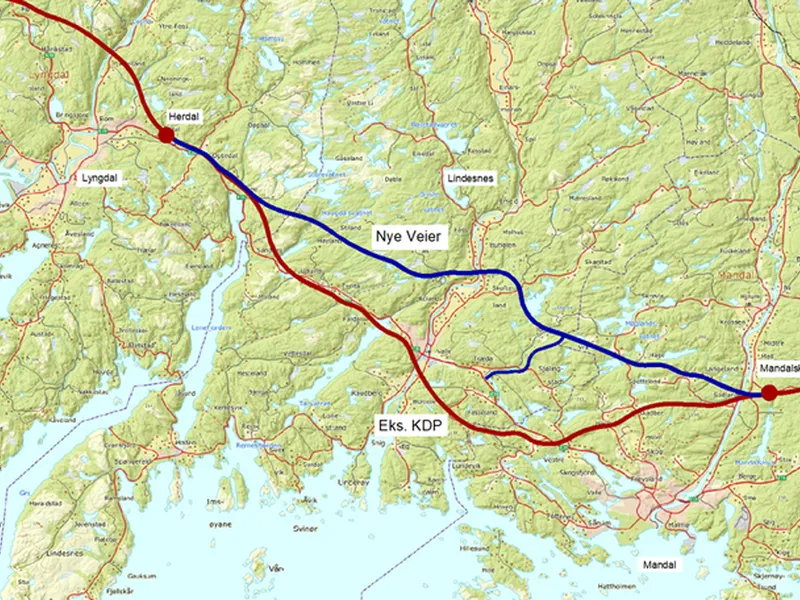 Illustrasjonen viser den 26 kilometer lange korridoren som Nye Veier foreslår å realisere ny E39 fra Mandal til Lyngdal øst.