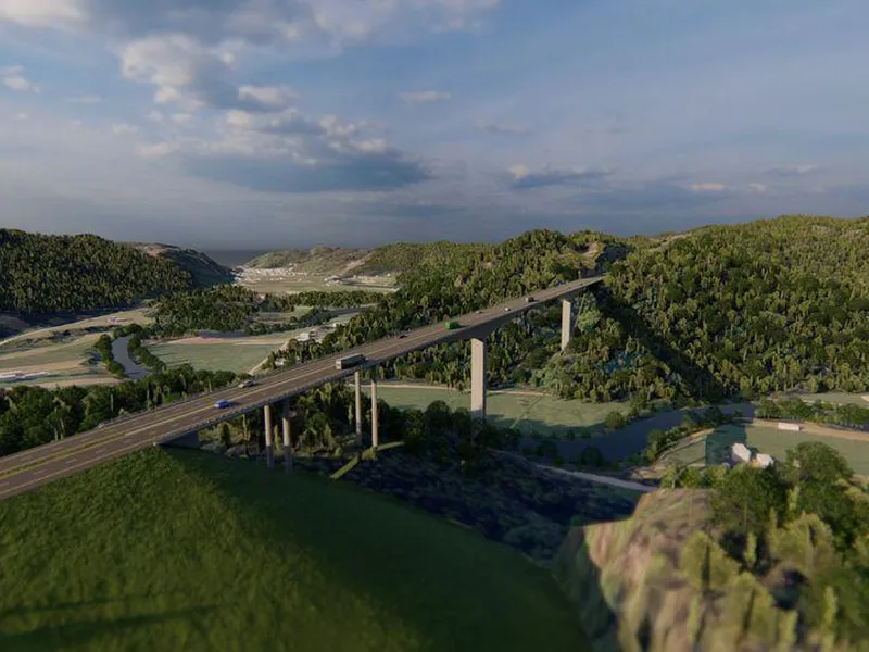 Norges høyeste: Illustrasjonen viser krysningen av Audnedalen nord for Vigeland i Lindesnes kommune. Brua får en seilingshøyde på over 100 meter.