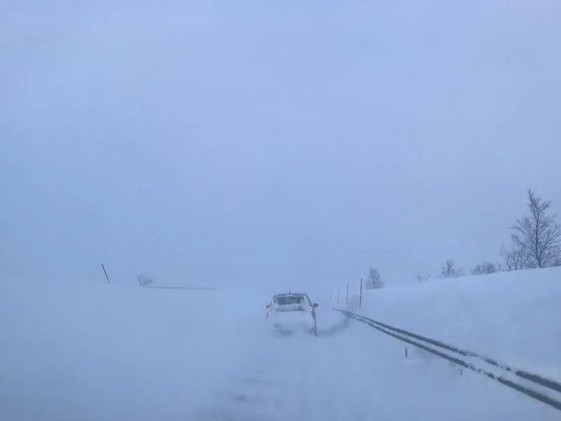 Sterk vind og snødriv gir dårlige kjøreforhold over Kvænangsfjellet om vinteren. Det ser vi på dette bildet som prosjektleder Steinar Rask tok i februar i år.