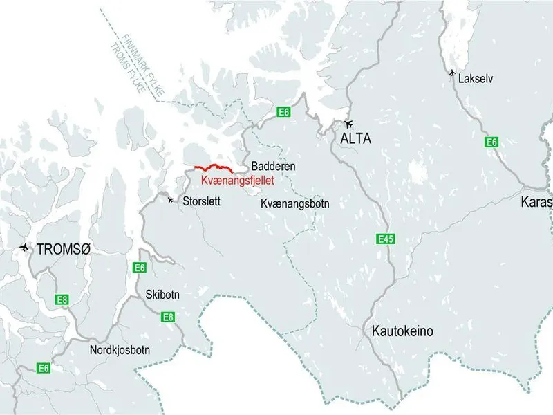 Kartet viser hvor Kvænangsfjellet er lokalisert.